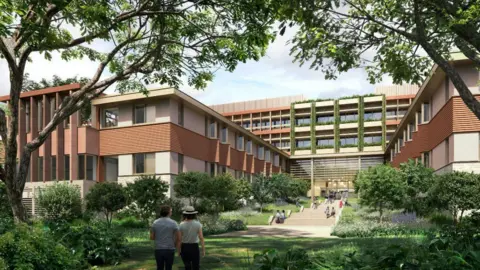 Cityscape Digital for Eric Parry Architects An architects image of a large modern building with brown facades and lush green squares leading up to it. CGI people can be seen approaching the modern building on steps. 