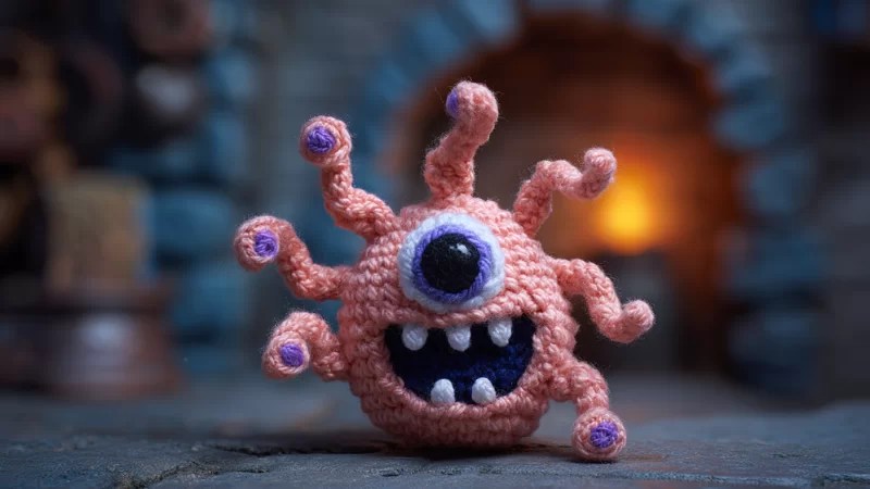 An adorable crocheted beholder from D&D in a dungeon.