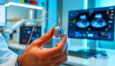 Illustration of a researcher holding an implantable medical device with wire leads in a lab setting.