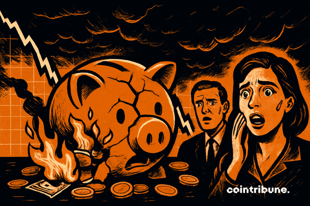 Cracked safe with burning bills and coins, against the background of a stock chart.