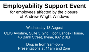 A graphic with the words, Employability support event for employees affected by the closure of Andrew Wright Windows