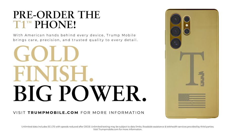 Trump Mobile T1 ad showing a Samsung phone in a Spigen case