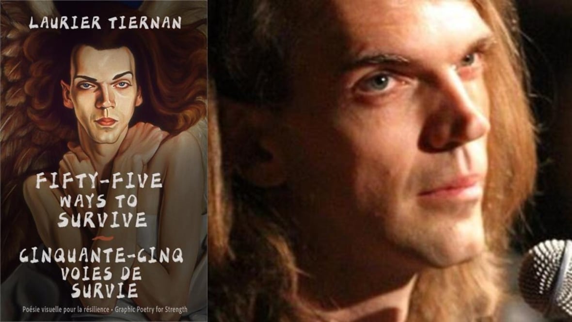 A book cover with a illustrated man holding onto his chest and a photo of the author with brown hair singing into a microphone. 