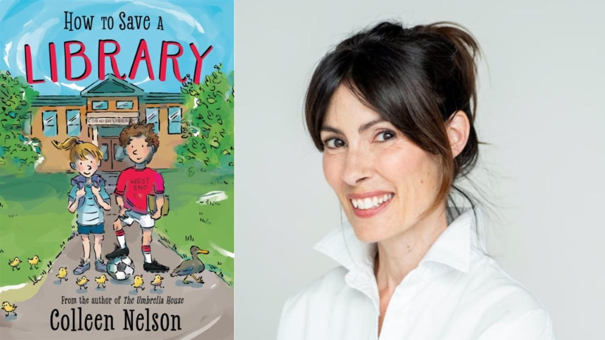 A book cover with a boy and girl in front of a building, and an author photo of a woman with dark brown hair. 