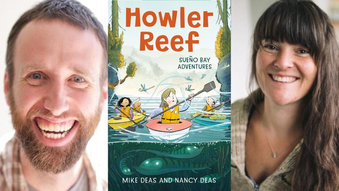 A composite image of a man with a brown beard, an illustrated book cover featuring three children kayaking in the water, and a woman with long brown hair. 