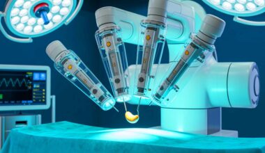 Illustration of a robot autonomously performing a gallbladder removal surgery using voice commands.