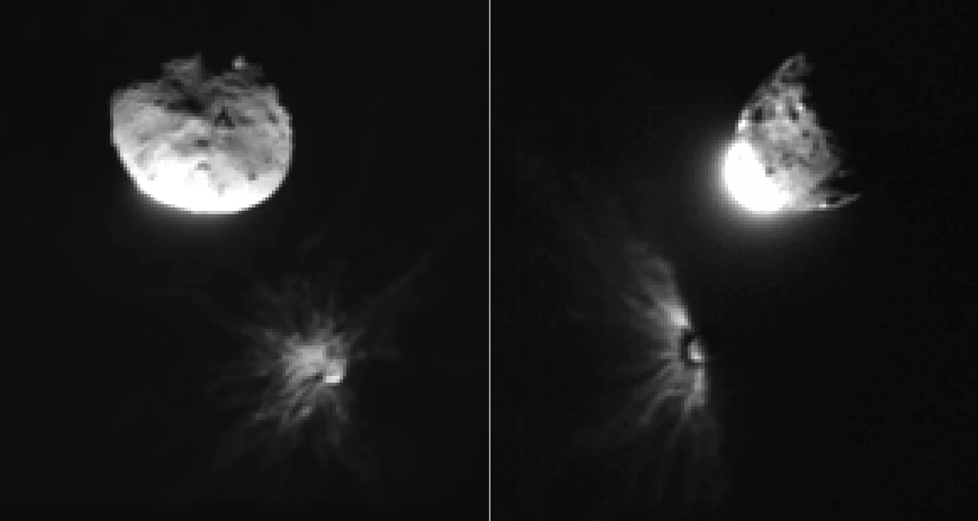 The image shows two side-by-side black and white photographs set against a completely black background. Left photograph: A bright, irregularly shaped object with a textured, uneven surface appears as a light gray to white form against the black background. Right photograph: A similar bright object is visible, but with a very bright white area on the bottom left. Extending from this bright area are several radial streaks or lines that stretch outward into the black background. Both images have similar framing, with the bright objects positioned in the upper portion of each frame and some streaking patterns visible in the lower portions of both images.