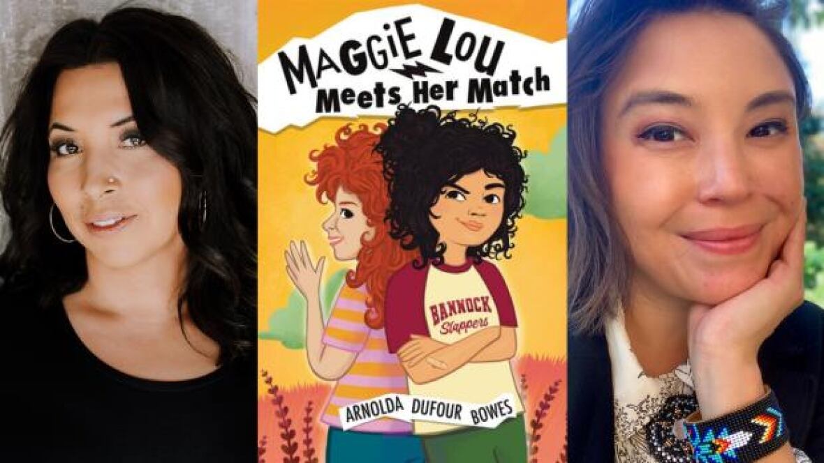 A composite image featuring a woman wearing a black t-shirt, a book cover with two girls with curly hair with their backs against each other, and another author picture of a woman smiling with her hand holding her chin. 