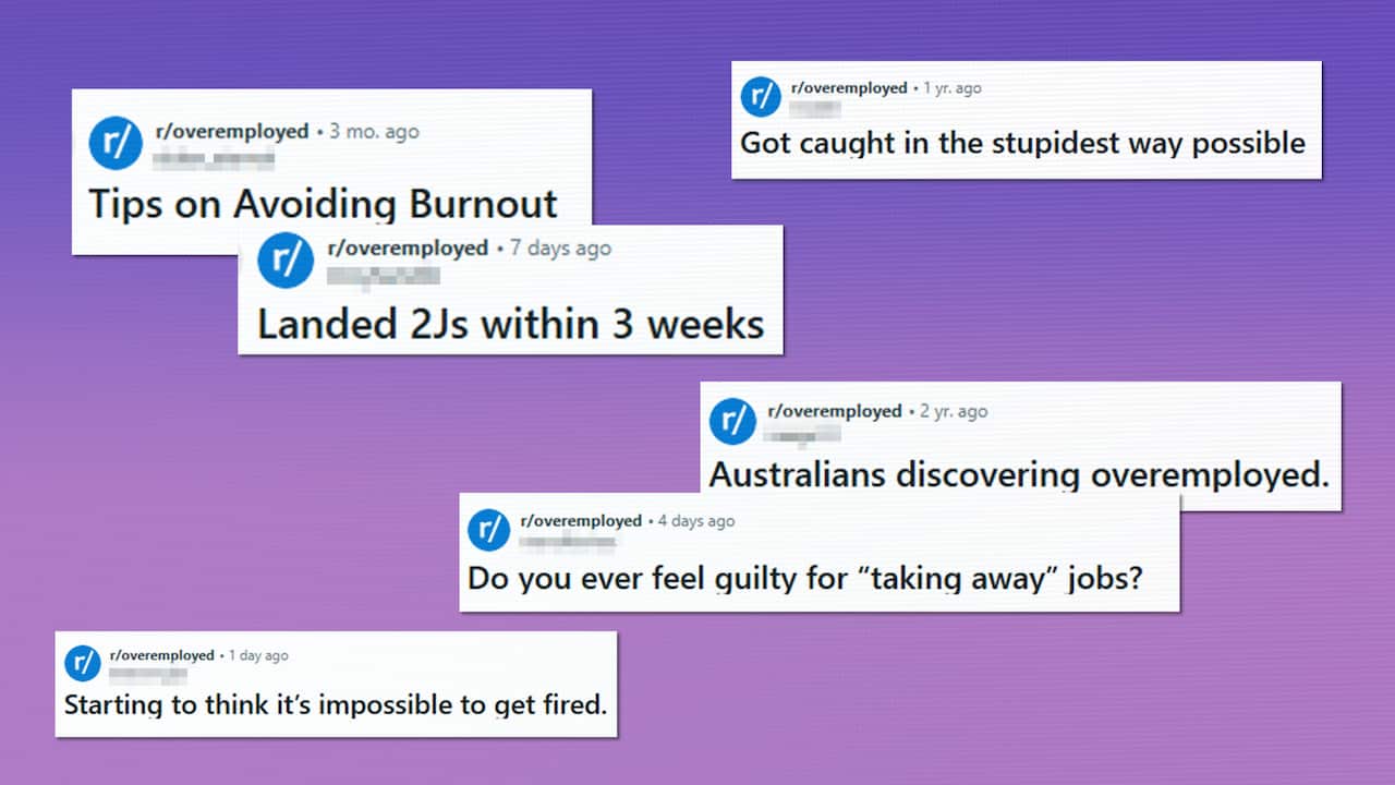 Six screenshots from a Reddit forum showing titles of posts about overemployment, such as: Landed 2Js within 3 weeks