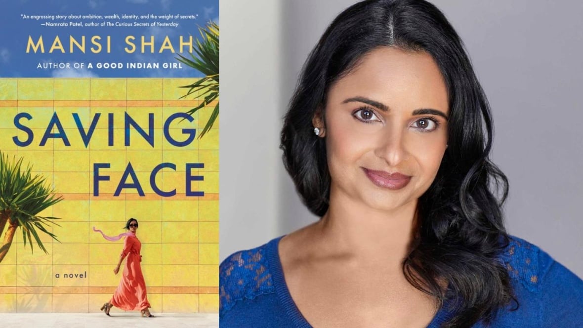 A book cover of a woman wearing a red dress against a yellow wall, and an author photo of a woman with long black hair. 