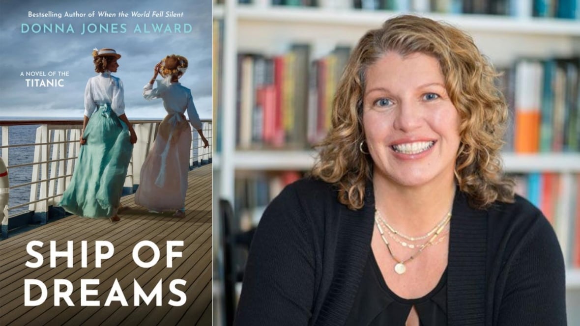 A book cover with two women wearing dresses aboard a ship, and a photo of the author with curly blonde and brown hair. 