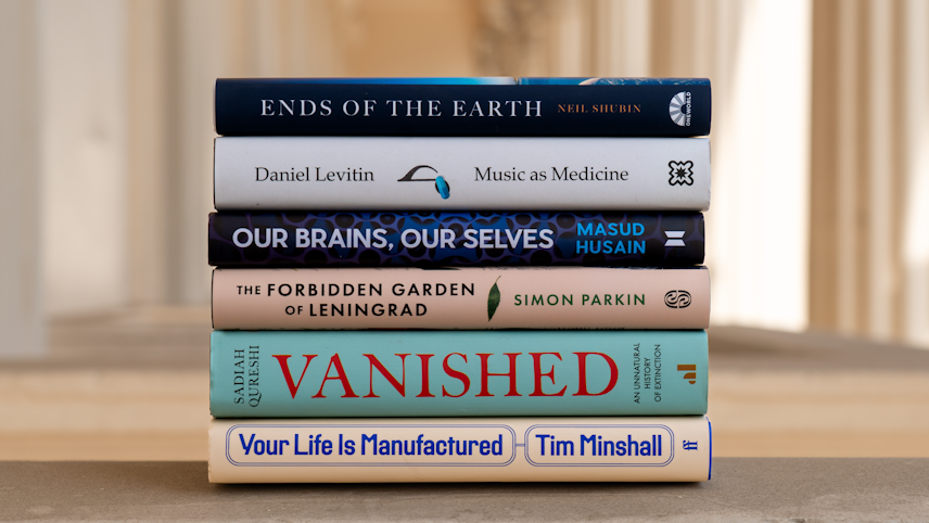 2025 Science Book Prize shortlisted books stacked together