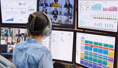A woman in a blue blouse sits with her back turned, wearing headphones and staring at six computer screens showing graphs, a calendar and two separate video calls