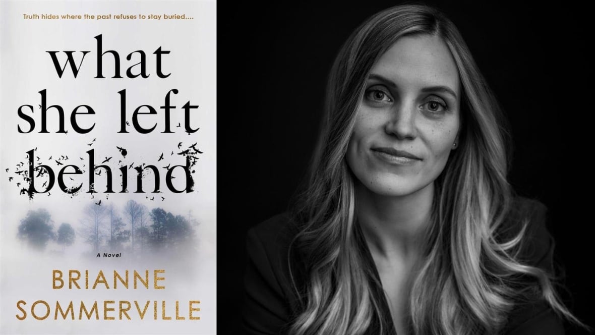 A book cover with some trees shrouded in fog with a black and white photo of a woman with long curled hair. 