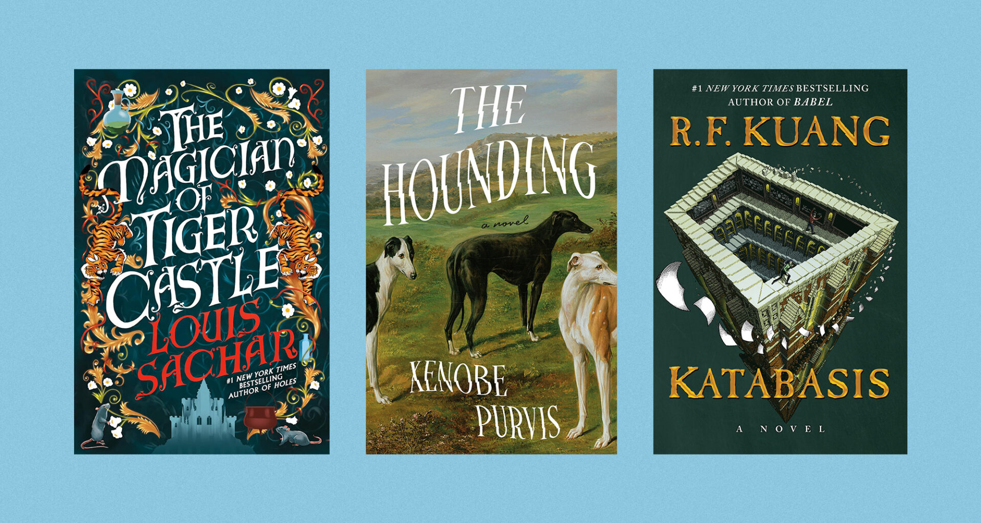 Book covers of &lsquo;The Magician of Tiger Castle&rsquo; by Louis Sachar, &lsquo;The Hounding&rsquo; by Xenobe Purvis, and &lsquo;Katabasis&rsquo; by R.F. Kuang