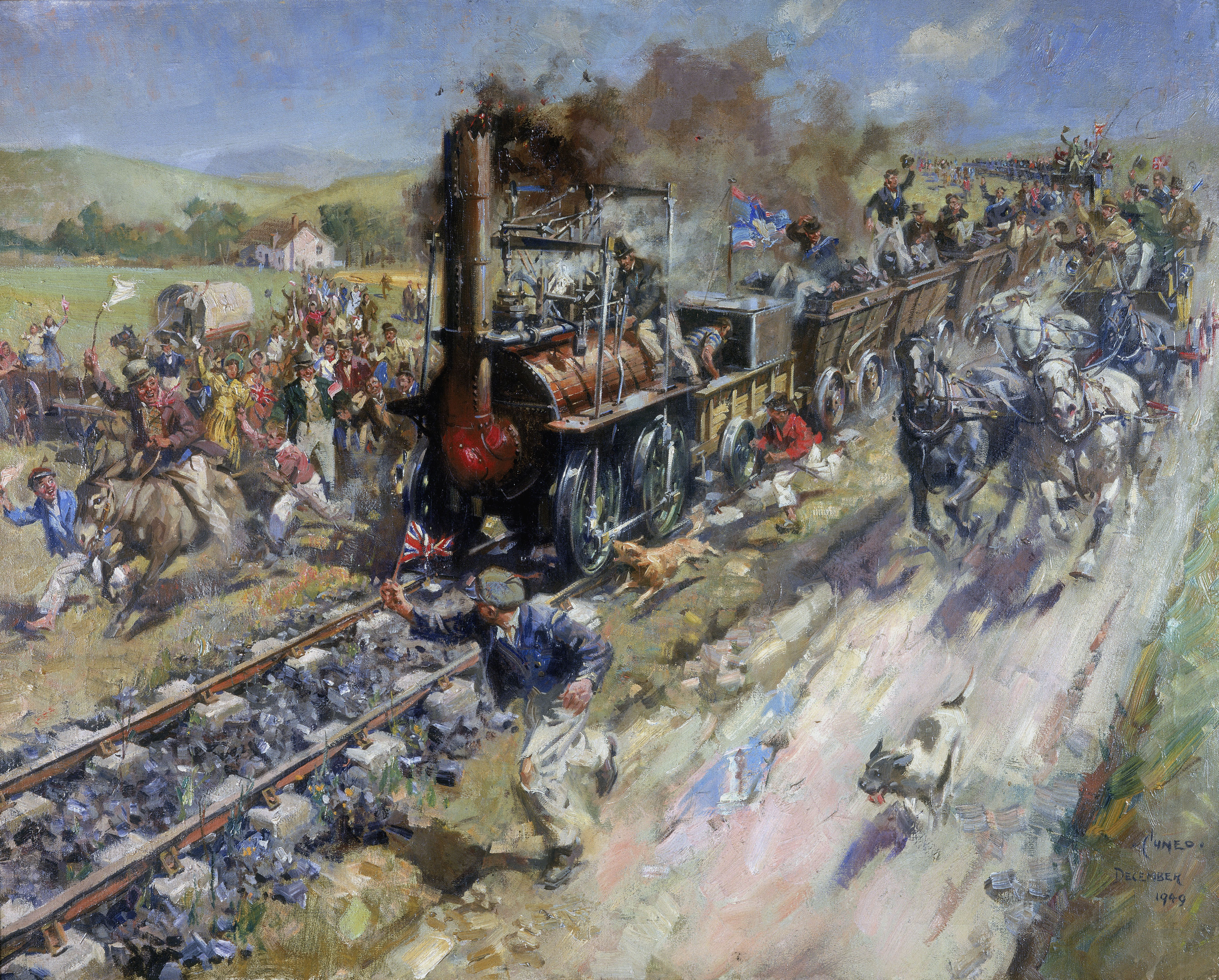 Illustration of the opening of the Stockton & Darlington Railway in 1825, showing the steam locomotive Locomotion pulling 36 wagons.