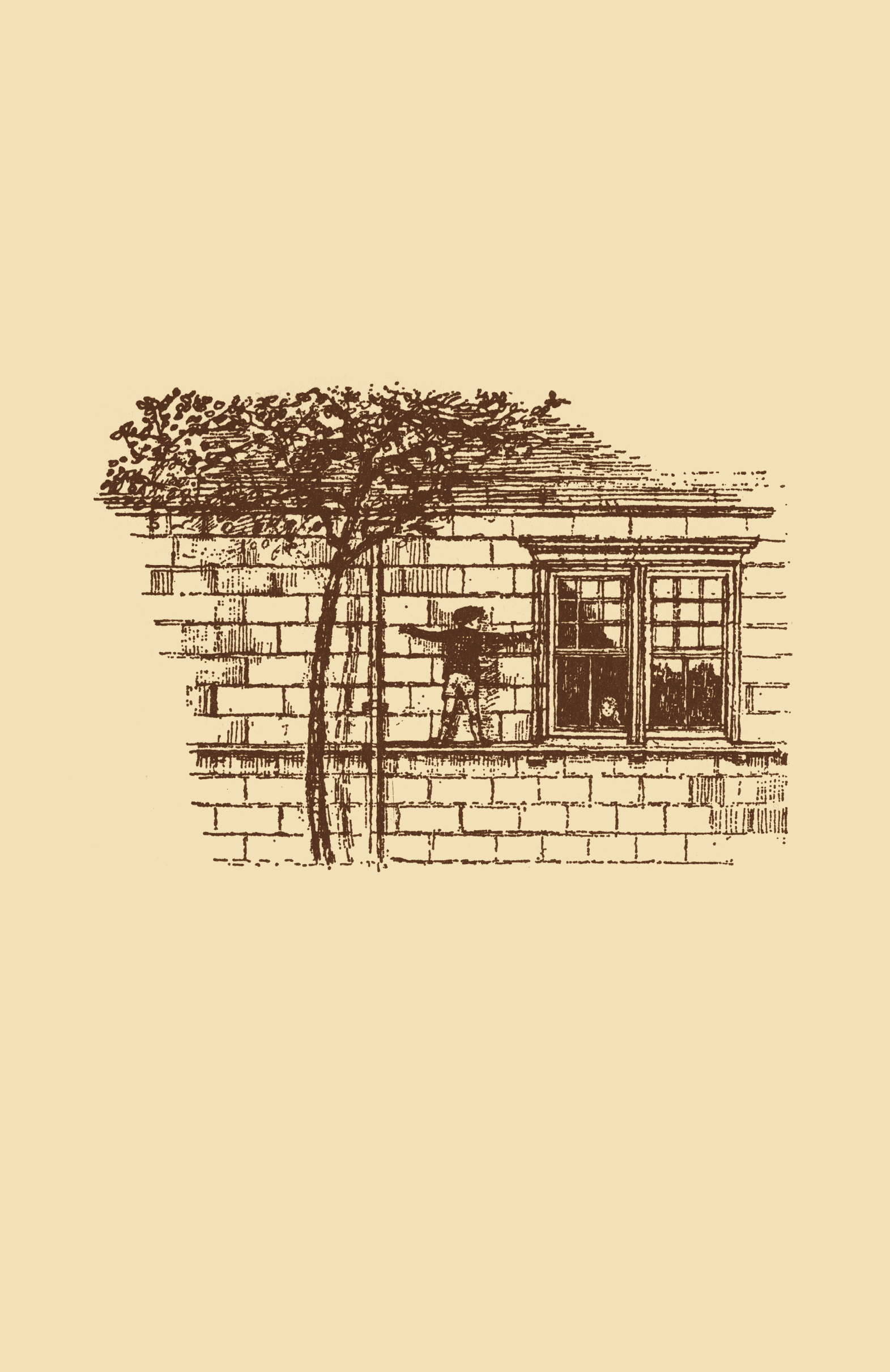 Illustration of a boy with arms outstretched standing outside a brick house, looking into a window where another child peeks out.
