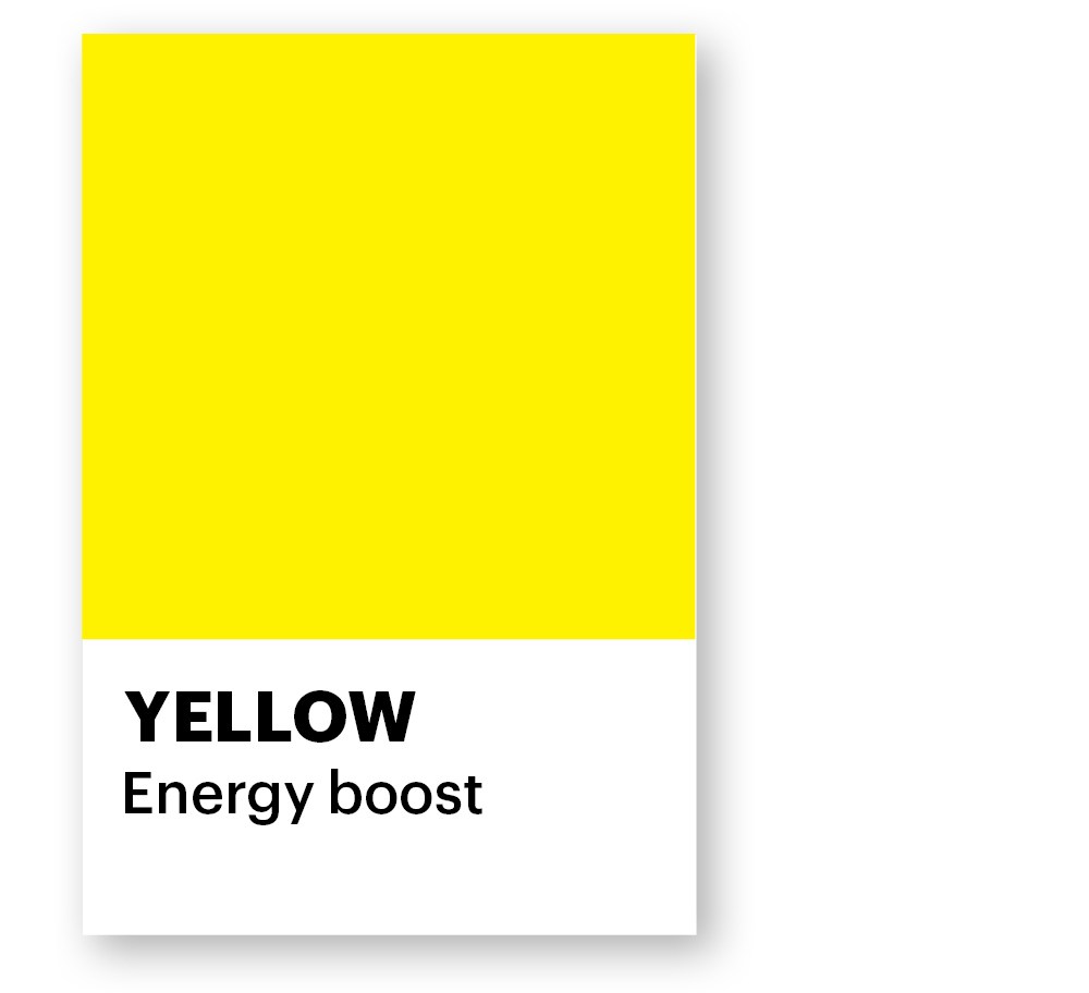 Yellow color swatch with the text "YELLOW" and "Energy boost".