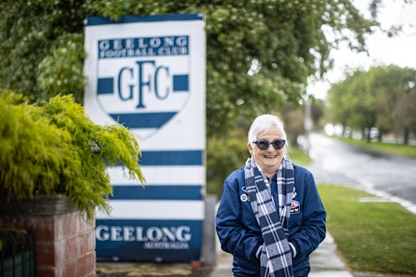 Geelong fan Carol Hague has a giant Geelong sign outside her home. 