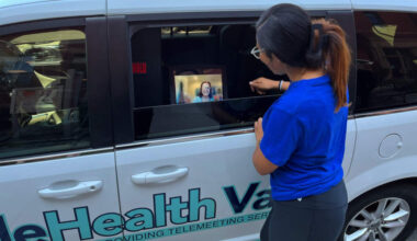 The TeleHealth Van parked outside Northeastern Hillel is part of a new initiative to connect local college students with counseling resources. (Emily Piper-Vallillo/WBUR)
