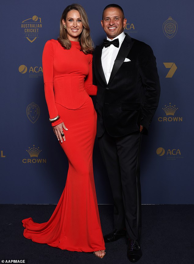 Aussie cricket star Usman Khawaja (pictured with wife Rachel) is approaching the twilight of his Test career