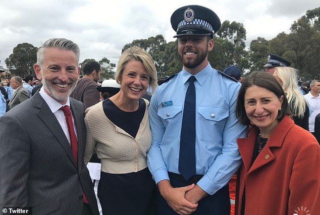 Daniel Keneally was sentenced to a 15-month intensive correction order in February. He is pictured with his mother Kristina (middle left) and ex-Premier Gladys Berejiklian (right)