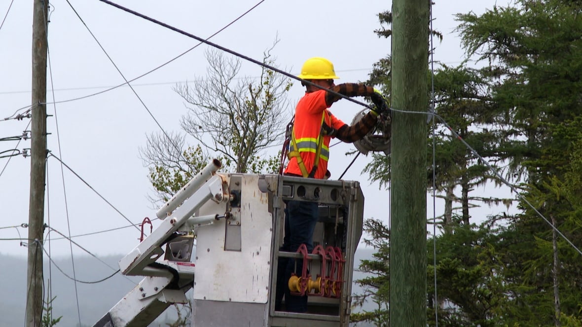 A man wearing safety gear installs cable at a power line.