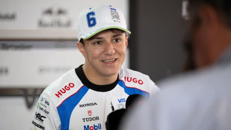 Isack Hadjar (Racing Bulls-Honda) during TV interview before the 2025 Emilia Romagna Grand Prix