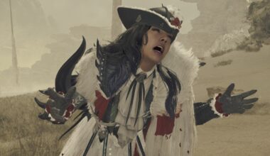 Monster Hunter Wilds - a player yells in despair with their arms out, kneeling on the ground.