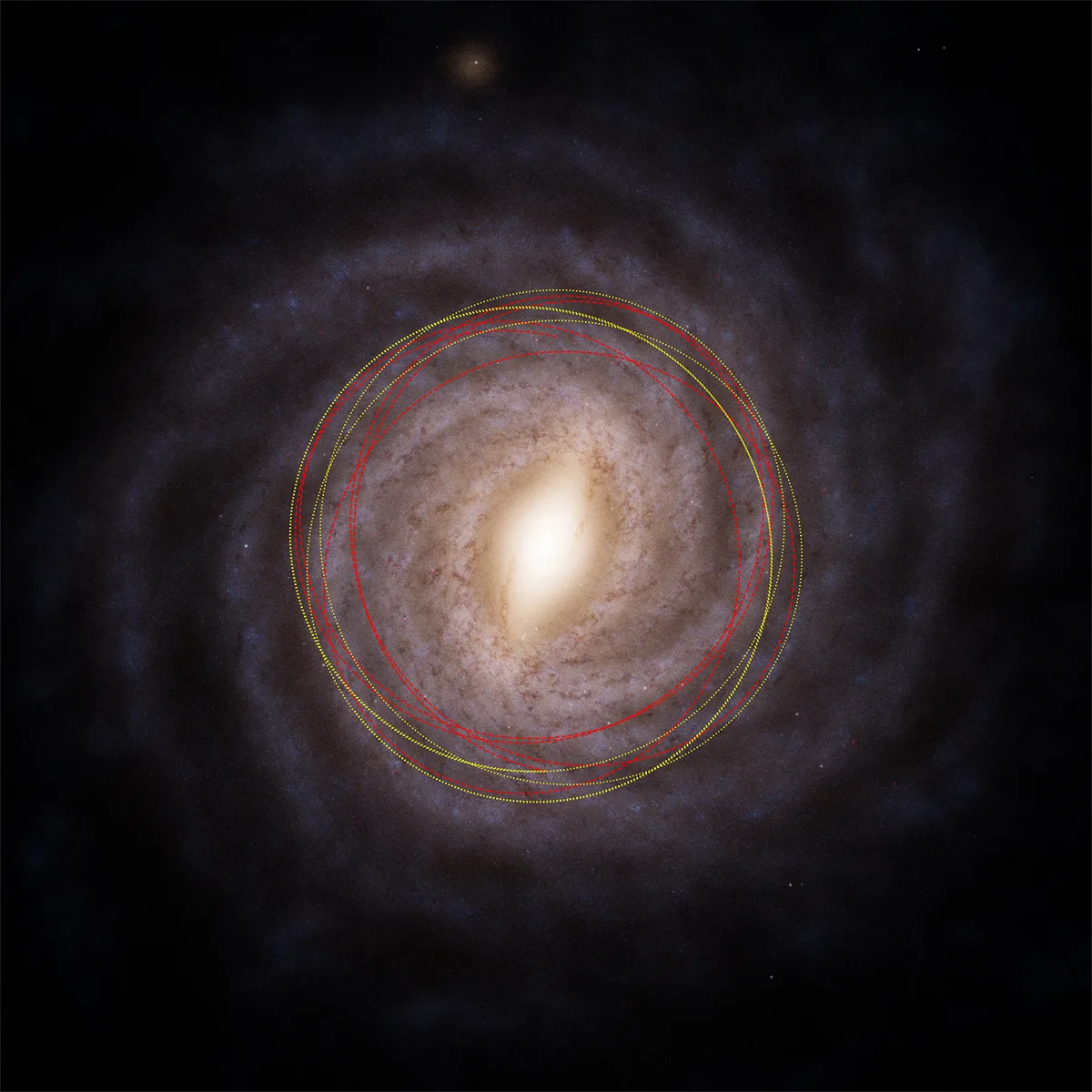 Illustration showing the top view of our Milky Way and the estimated orbits of both our Sun (yellow) and the 3I/ATLAS comet (red). Credit: M. Hopkins/Ōtautahi-Oxford team. Base map: ESA/Gaia/DPAC, Stefan Payne-Wardenaar, CC-BY-SA 4.0.