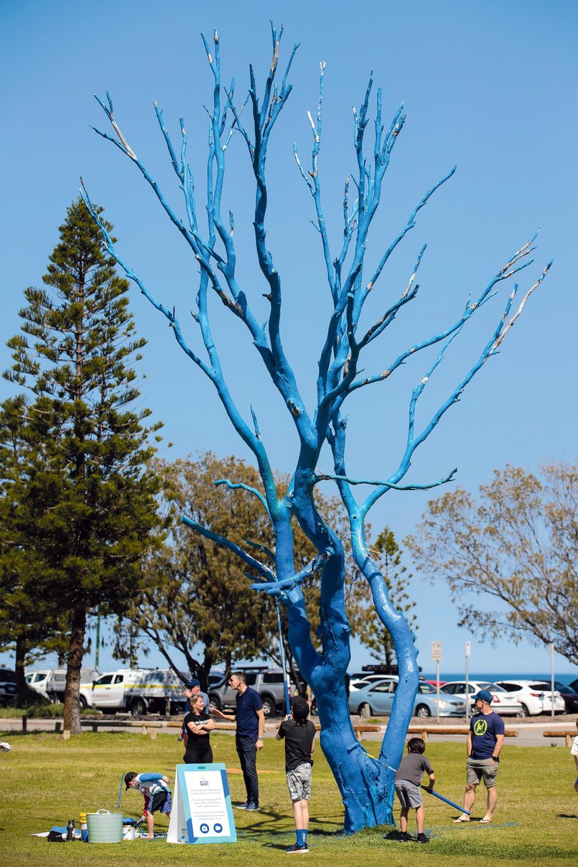 Brooke McIntosh completes her record-breaking 14,000km run around Australia in City Beach today after more than 180 days on the road. Her journey was aimed at raising awareness and funds for mental health through the Blue Tree Project. Pictured is a blue tree at City Beach. Picture: Michael Wilson