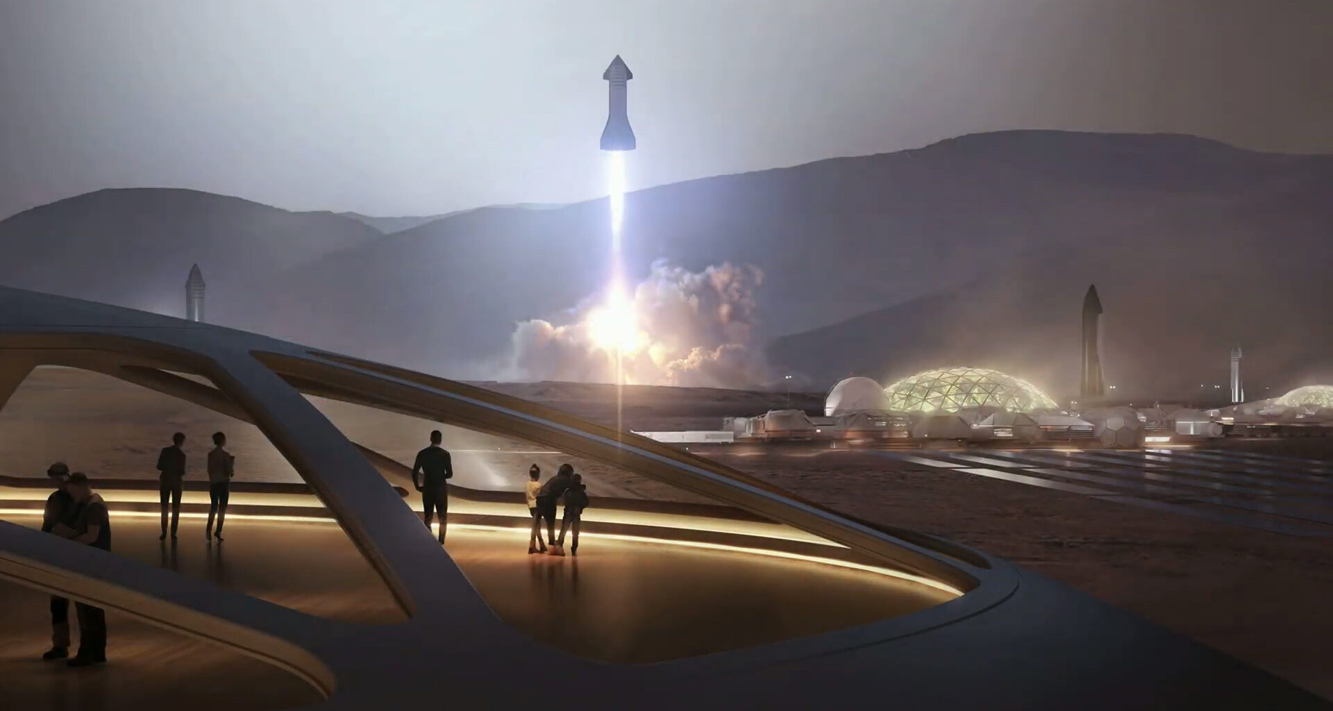 Artist's illustration of a human settlement on Mars, with SpaceX Starships in the background.