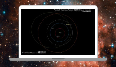 A laptop is pictured showing the orbital path of an asteroid around Earth.