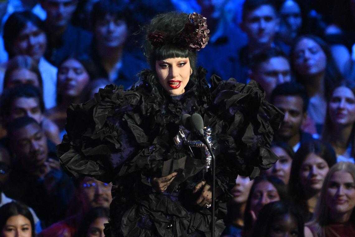 US singer-songwriter Lady Gaga accepts the Artist of the Year award on stage during the MTV Video Music Awards at UBS Arena in New York on Sept 7.