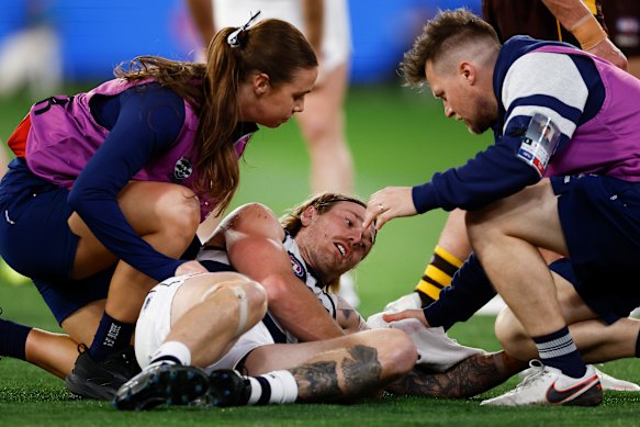 Tom Stewart was concussed when his arms were pinned in a tackle which saw Hawthorn’s Mabior Chol suspended for three matches. 