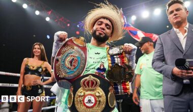 Oscar Collazo celebrates beating Jayson Vayson in Indio, California