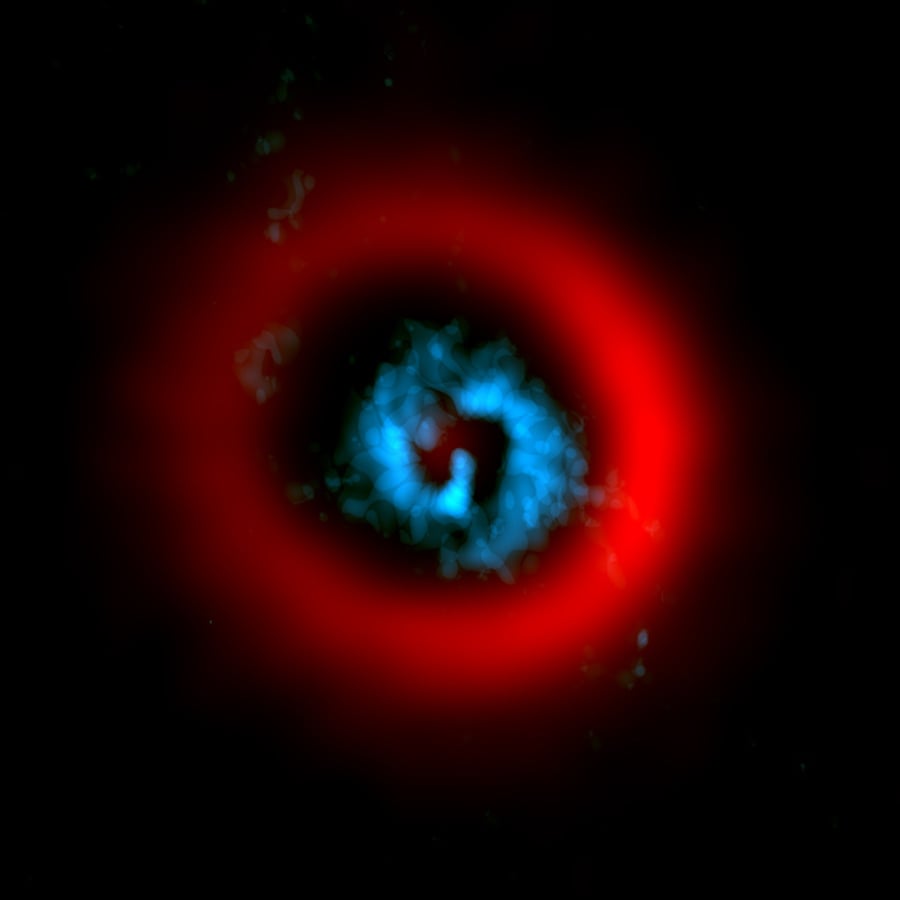 ALMA image of the dust ring (red) and gaseous spirals (blue) of the circumstellar disk AB Aurigae reveal gaseous spiral arms inside a wide dust gap, providing a hint of planet formation (Credit : ALMA)