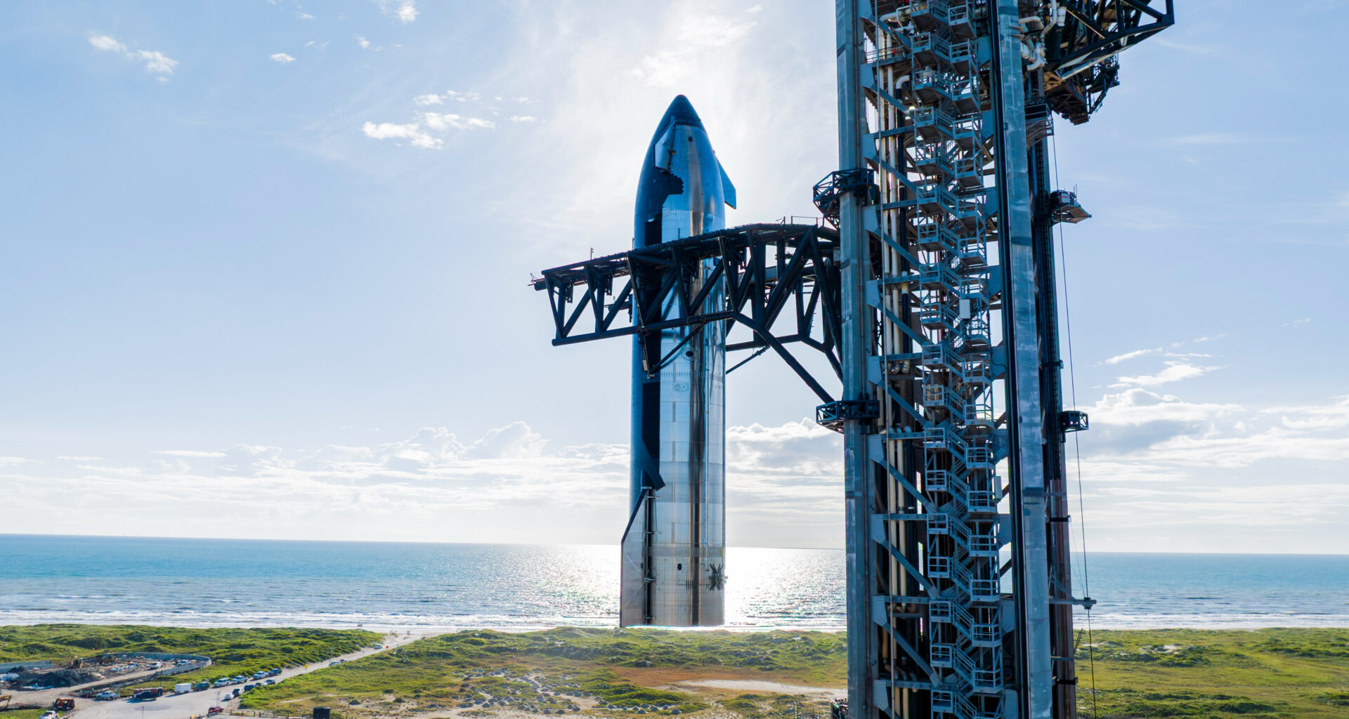 SpaceX moves a Starship upper stage to the launch pad as part of preparations for the megarocket's upcoming 11th test flight. SpaceX posted this photo on X on Sept. 17, 2025.