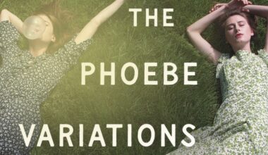 Two women in patterned dresses lie on grass; one blows a bubble with gum. Overlaid text reads: The Phoebe Variations.