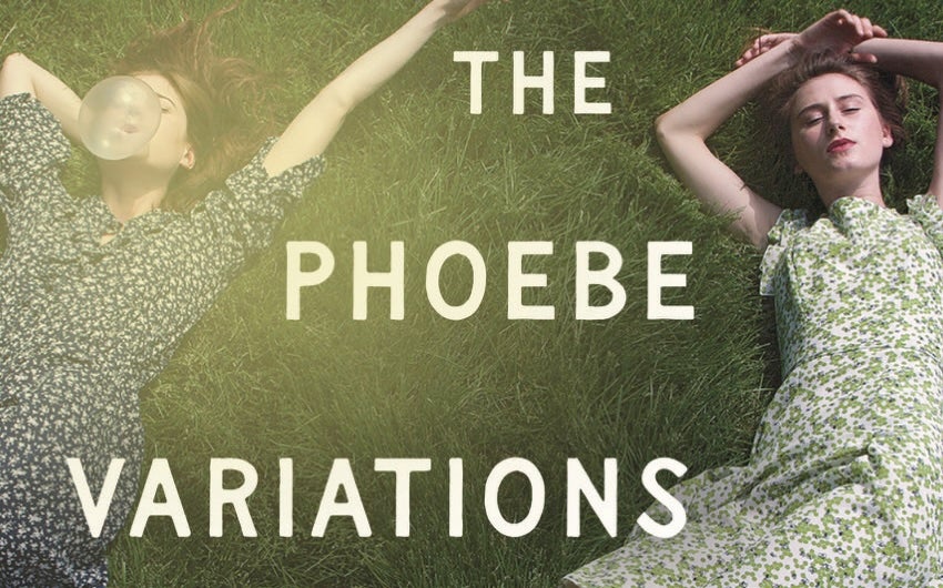 Two women in patterned dresses lie on grass; one blows a bubble with gum. Overlaid text reads: The Phoebe Variations.