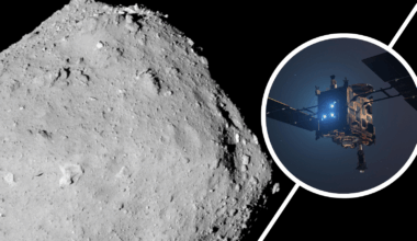 (Main) An up close view of the surface of Ryugu (Inset) an illustration of Hayabusa2, the Japanese spacecraft that captured this image