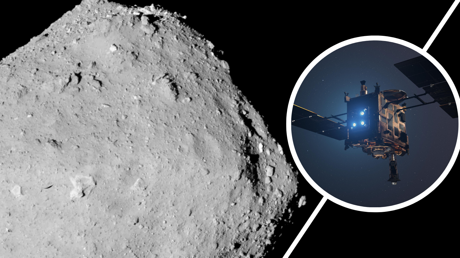 (Main) An up close view of the surface of Ryugu (Inset) an illustration of Hayabusa2, the Japanese spacecraft that captured this image