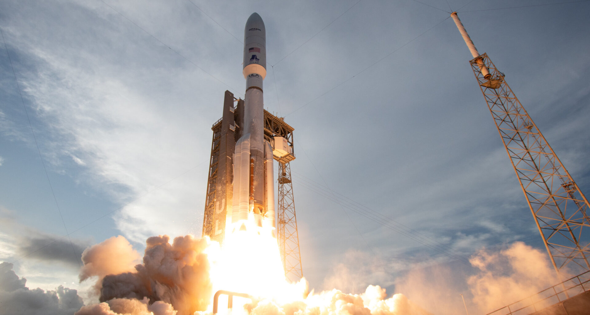 A United Launch Alliance Atlas V rocket launches the first 27 of Amazon's Project Kuiper internet satellites to orbit on April 28, 2025.