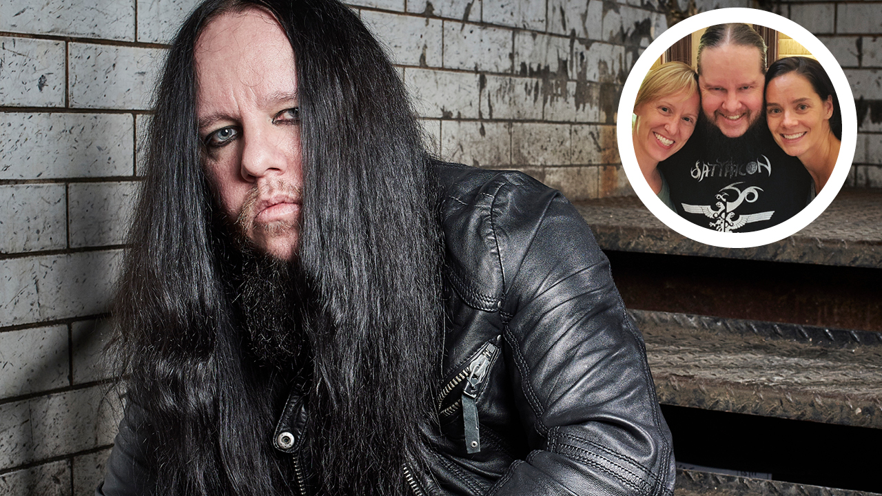 Joey Jordison posing for a photograph with an inset of Joey with his sisters