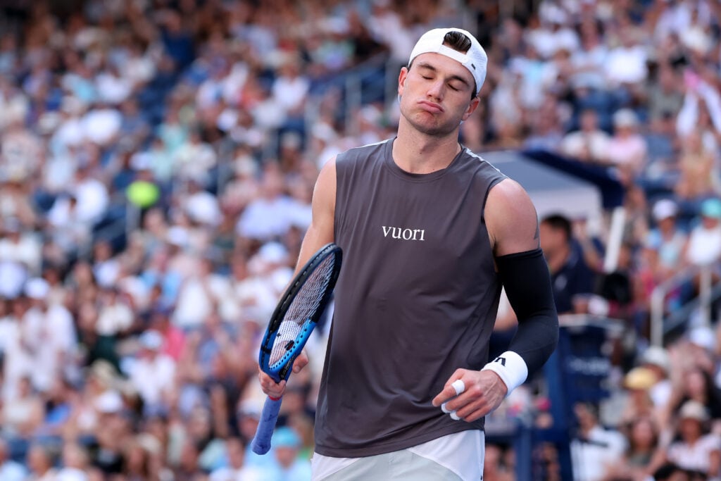Jack Draper of the United Kingdom reacts against Federico Agustin Gomez of Argentina during their Men's Singles First Round match on Day Two of the 2025 US Open at USTA Billie Jean King National Tennis Center.