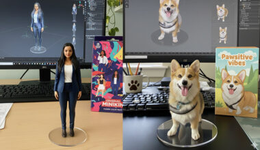 AI-generated images of 3D figurines of a girl and a dog