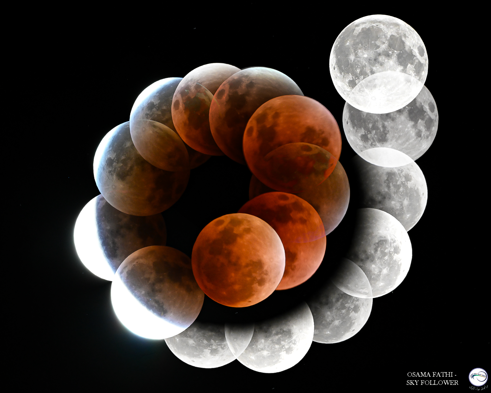 A composite image showing a series of lunar disks imaged during a total lunar eclipse arrayed in a shell-like spiral The images of the moon become progressively more eclipsed as they near the center.