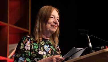 Alison Weir wears a floral dress at a book festival