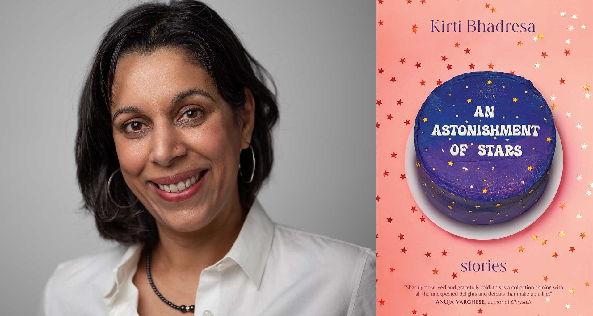 Kirti Bhadresa's headshot beside the An Astonishment of Stars book cover