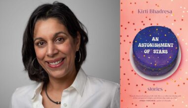 Kirti Bhadresa's headshot beside the An Astonishment of Stars book cover